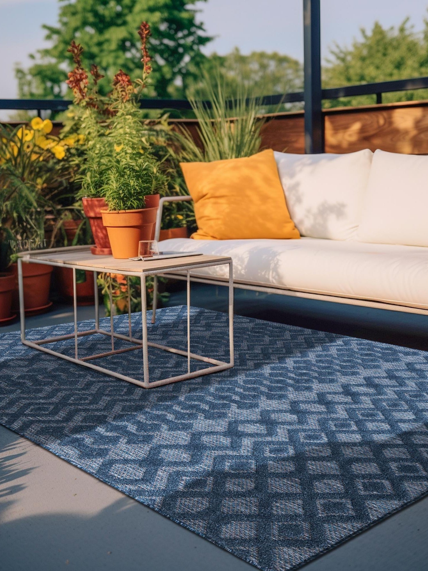 Navy Blue 2' x 3' Outdoor Trellis Textured Rectangle Area Rug Weather Resistant for Patio, Deck, Terrace, Balcony, Porch Geometric Design Water Safe Outside Carpet for Sale at Rug Engine