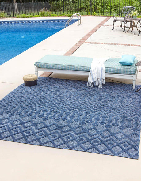 Navy Blue 7' 10 x 7' 10 Outdoor Trellis Textured Square Area Rug Weather Resistant for Patio, Deck, Terrace, Balcony, Porch Geometric Design Water Safe Outside Carpet for Sale at Rug Engine