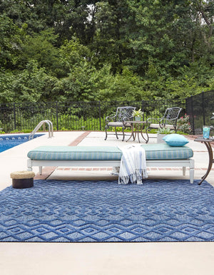 Navy Blue 7' 10 x 7' 10 Outdoor Trellis Textured Square Area Rug Weather Resistant for Patio, Deck, Terrace, Balcony, Porch Geometric Design Water Safe Outside Carpet for Sale at Rug Engine