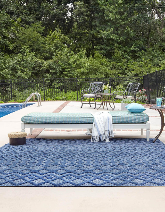 Navy Blue 7' 10 x 7' 10 Outdoor Trellis Textured Square Area Rug Weather Resistant for Patio, Deck, Terrace, Balcony, Porch Geometric Design Water Safe Outside Carpet for Sale at Rug Engine