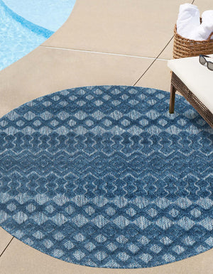Navy Blue 7' x 7' Outdoor Trellis Textured Round Area Rug Weather Resistant for Patio, Deck, Terrace, Balcony, Porch Geometric Design Water Safe Outside Carpet for Sale at Rug Engine
