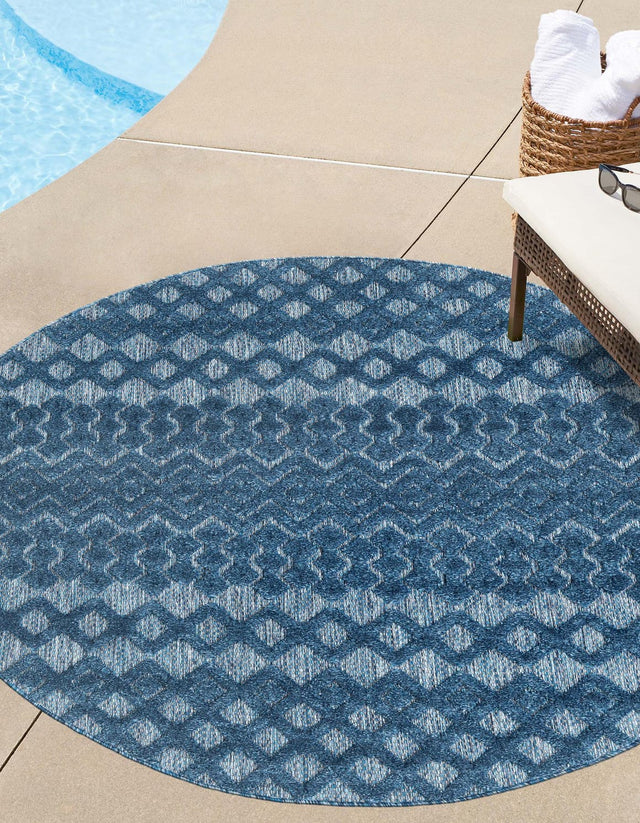 Navy Blue 4' x 4' Outdoor Trellis Textured Round Area Rug Weather Resistant for Patio, Deck, Terrace, Balcony, Porch Geometric Design Water Safe Outside Carpet for Sale at Rug Engine