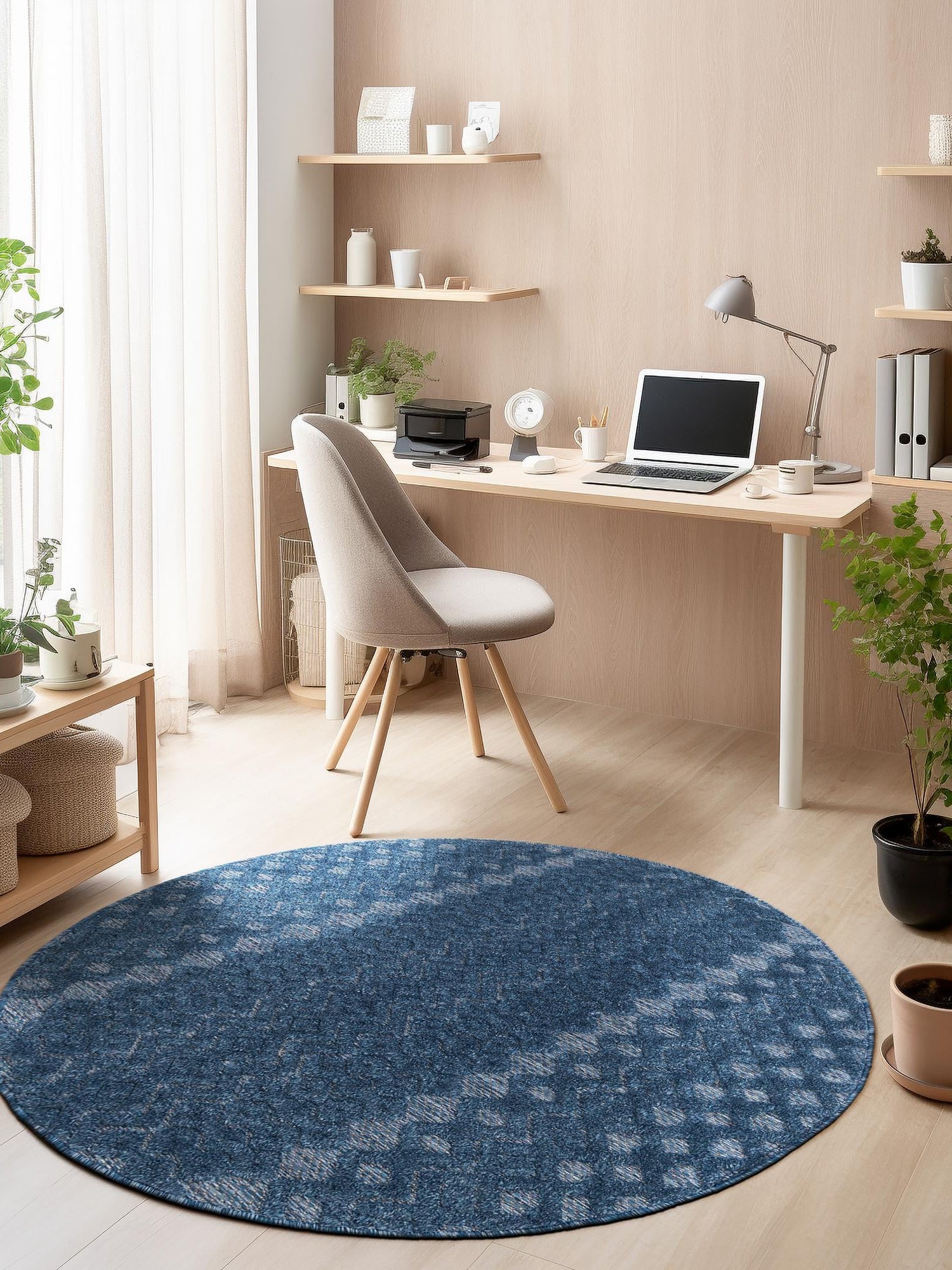 Navy Blue 4' x 4' Outdoor Trellis Textured Round Area Rug Weather Resistant for Patio, Deck, Terrace, Balcony, Porch Geometric Design Water Safe Outside Carpet for Sale at Rug Engine