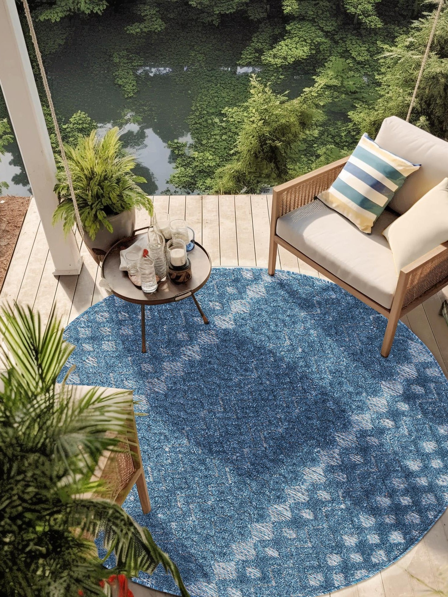 Navy Blue 4' x 4' Outdoor Trellis Textured Round Area Rug Weather Resistant for Patio, Deck, Terrace, Balcony, Porch Geometric Design Water Safe Outside Carpet for Sale at Rug Engine