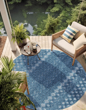 Navy Blue 7' x 7' Outdoor Trellis Textured Round Area Rug Weather Resistant for Patio, Deck, Terrace, Balcony, Porch Geometric Design Water Safe Outside Carpet for Sale at Rug Engine