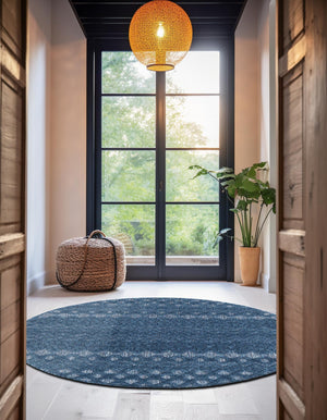 Navy Blue 5' 3 x 5' 3 Outdoor Trellis Textured Round Area Rug Weather Resistant for Patio, Deck, Terrace, Balcony, Porch Geometric Design Water Safe Outside Carpet for Sale at Rug Engine