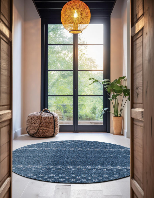 Navy Blue 5' 3 x 5' 3 Outdoor Trellis Textured Round Area Rug Weather Resistant for Patio, Deck, Terrace, Balcony, Porch Geometric Design Water Safe Outside Carpet for Sale at Rug Engine