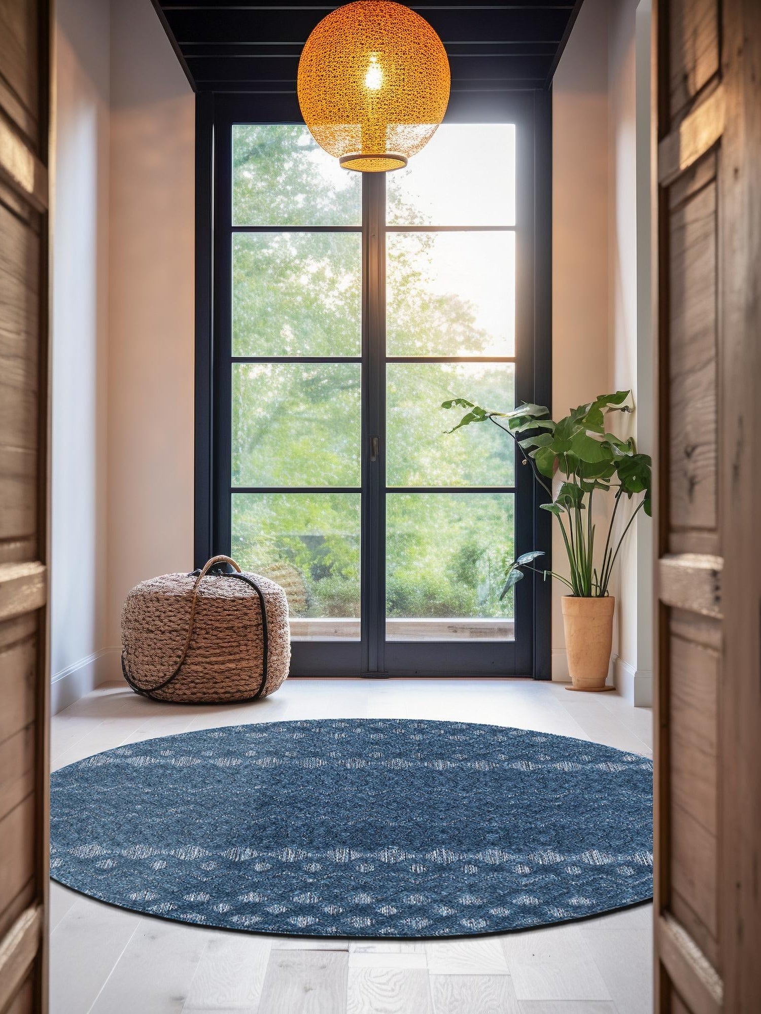 Navy Blue 4' x 4' Outdoor Trellis Textured Round Area Rug Weather Resistant for Patio, Deck, Terrace, Balcony, Porch Geometric Design Water Safe Outside Carpet for Sale at Rug Engine