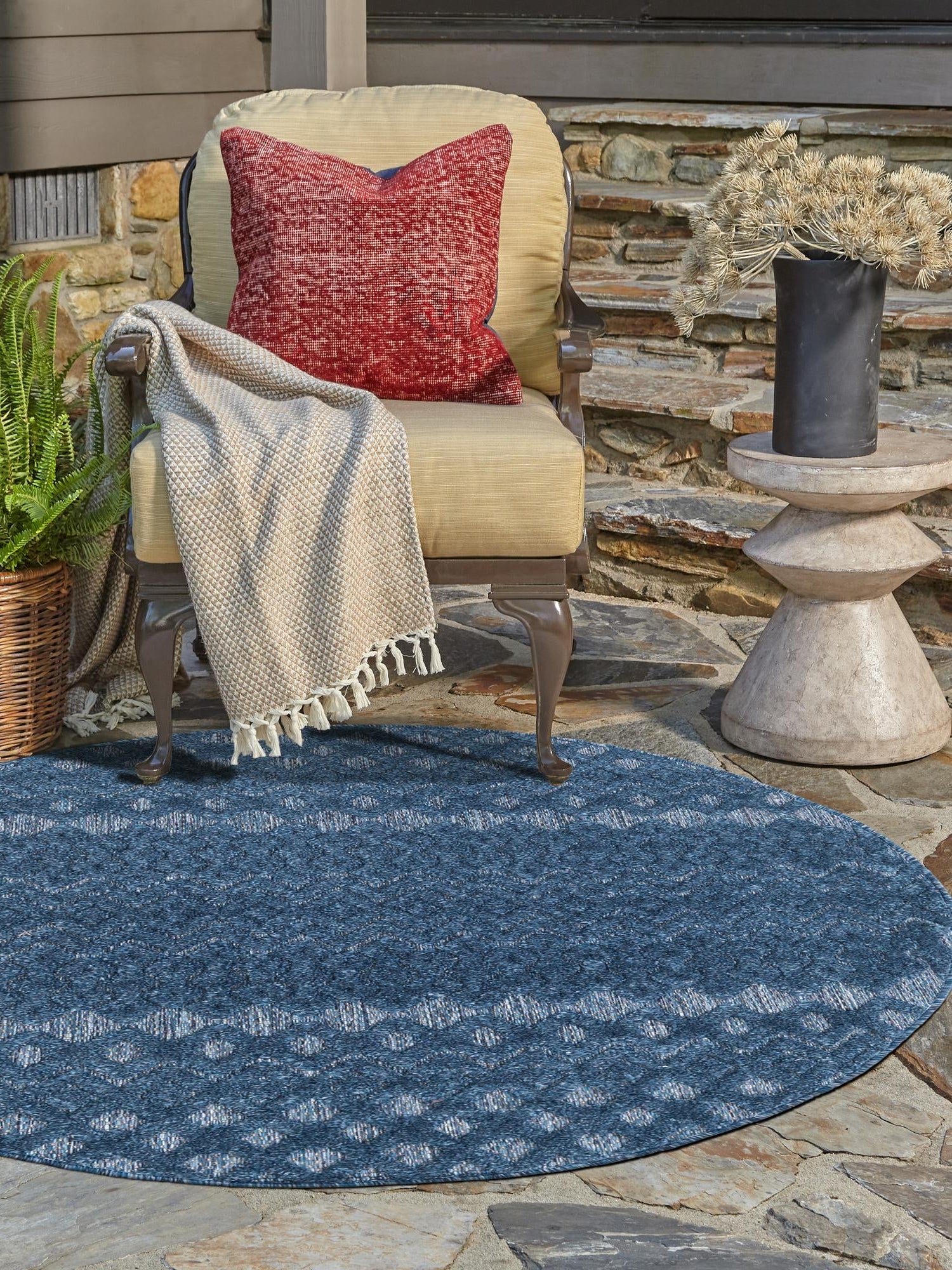 Navy Blue 7' x 7' Outdoor Trellis Textured Round Area Rug Weather Resistant for Patio, Deck, Terrace, Balcony, Porch Geometric Design Water Safe Outside Carpet for Sale at Rug Engine