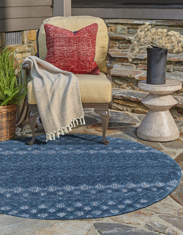 Navy Blue 5' 3 x 5' 3 Outdoor Trellis Textured Round Area Rug Weather Resistant for Patio, Deck, Terrace, Balcony, Porch Geometric Design Water Safe Outside Carpet for Sale at Rug Engine