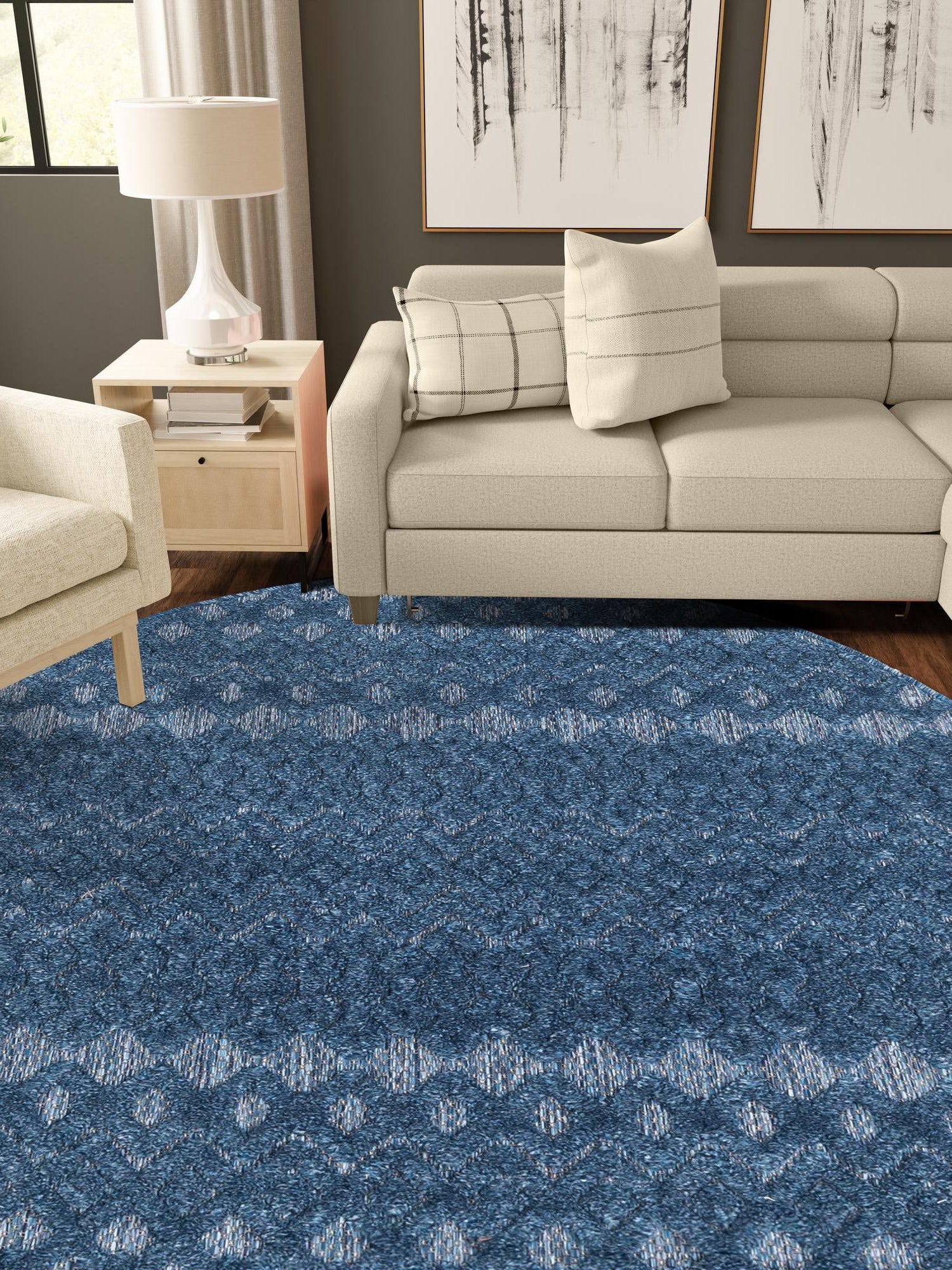 Navy Blue 7' x 7' Outdoor Trellis Textured Round Area Rug Weather Resistant for Patio, Deck, Terrace, Balcony, Porch Geometric Design Water Safe Outside Carpet for Sale at Rug Engine