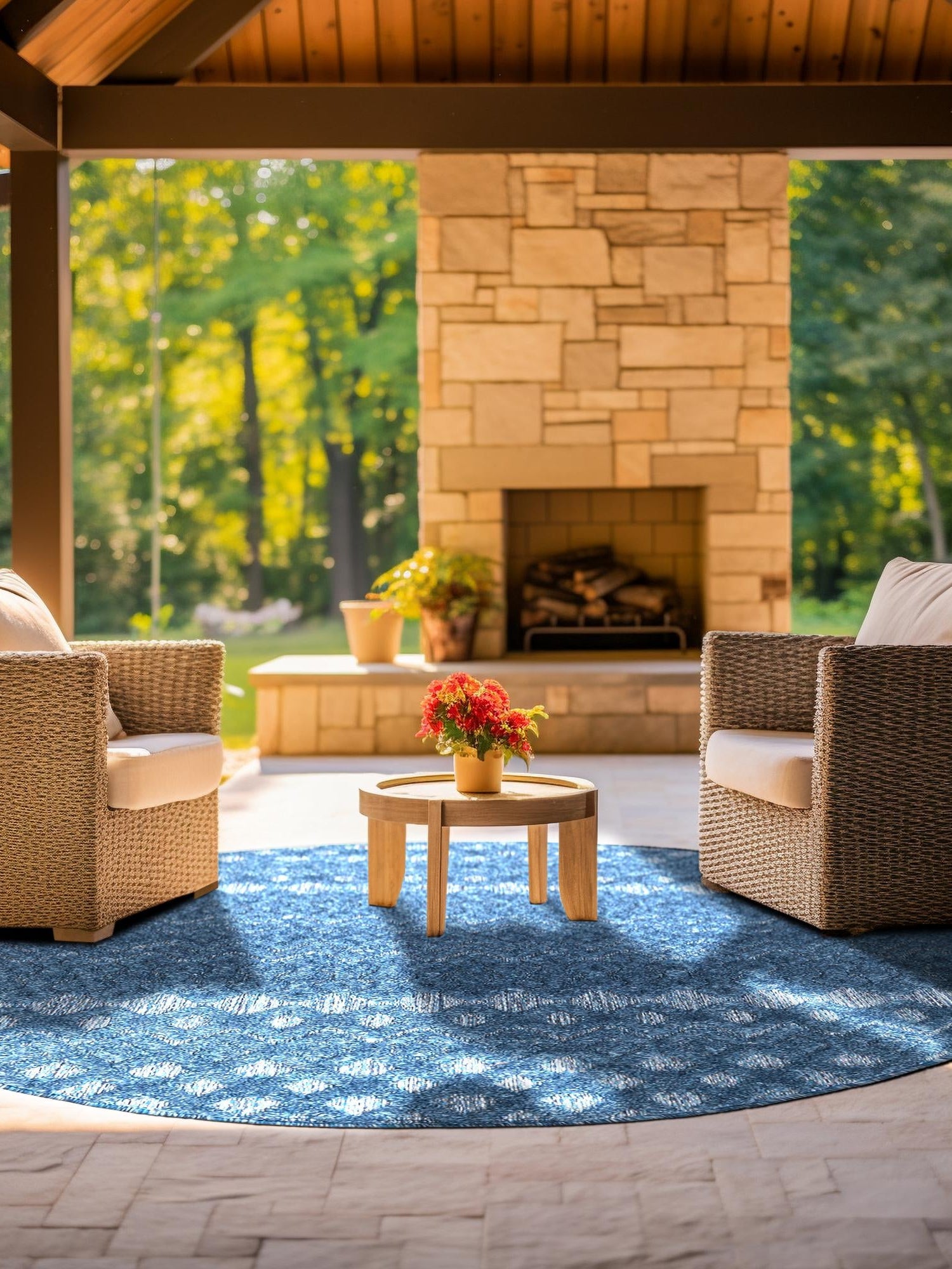 Navy Blue 7' x 7' Outdoor Trellis Textured Round Area Rug Weather Resistant for Patio, Deck, Terrace, Balcony, Porch Geometric Design Water Safe Outside Carpet for Sale at Rug Engine