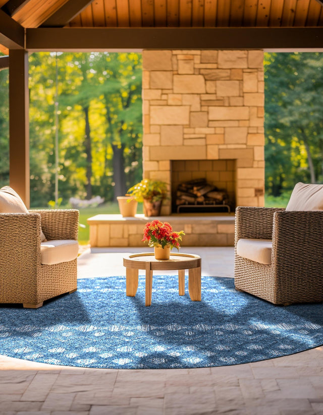 Navy Blue 4' x 4' Outdoor Trellis Textured Round Area Rug Weather Resistant for Patio, Deck, Terrace, Balcony, Porch Geometric Design Water Safe Outside Carpet for Sale at Rug Engine