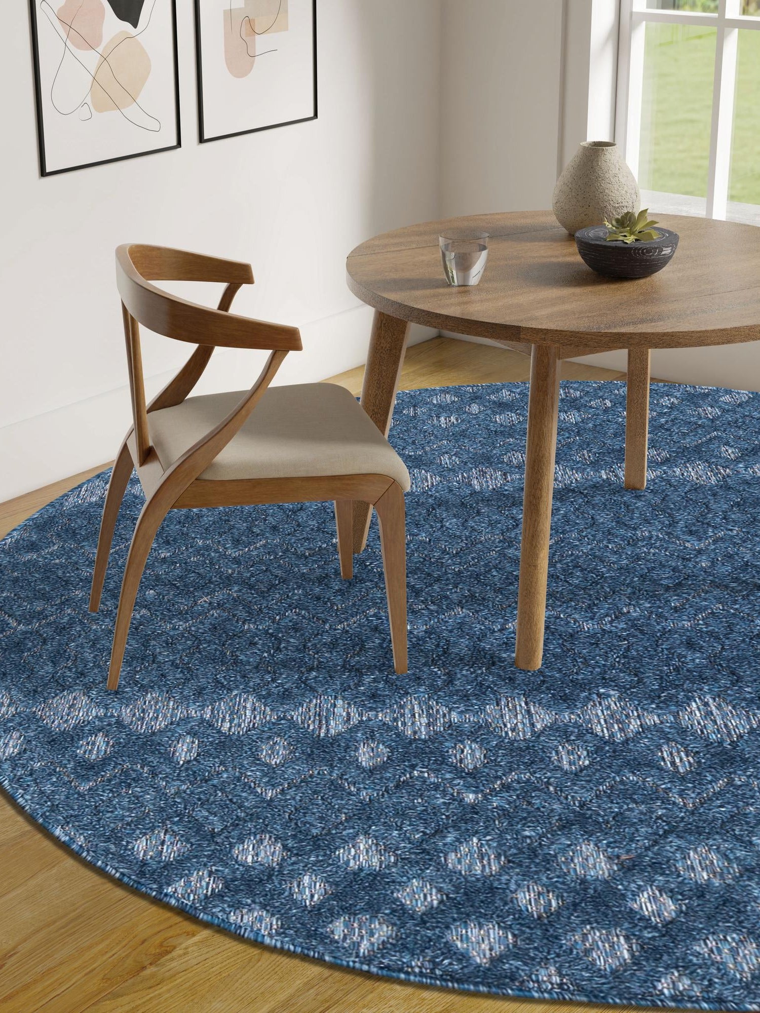 Navy Blue 4' x 4' Outdoor Trellis Textured Round Area Rug Weather Resistant for Patio, Deck, Terrace, Balcony, Porch Geometric Design Water Safe Outside Carpet for Sale at Rug Engine