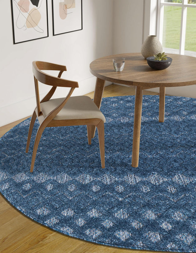 Navy Blue 5' 3 x 5' 3 Outdoor Trellis Textured Round Area Rug Weather Resistant for Patio, Deck, Terrace, Balcony, Porch Geometric Design Water Safe Outside Carpet for Sale at Rug Engine