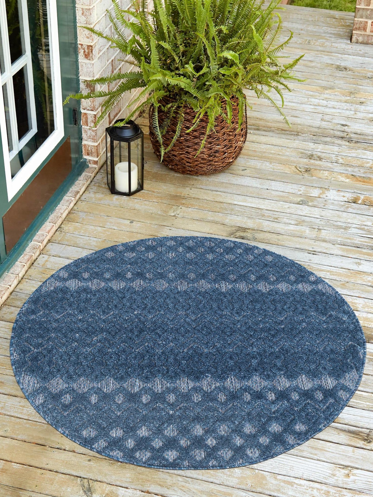 Navy Blue 5' 3 x 5' 3 Outdoor Trellis Textured Round Area Rug Weather Resistant for Patio, Deck, Terrace, Balcony, Porch Geometric Design Water Safe Outside Carpet for Sale at Rug Engine