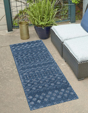 Navy Blue 2' x 6' Outdoor Trellis Textured Runner Area Rug Weather Resistant for Patio, Deck, Terrace, Balcony, Porch Geometric Design Water Safe Outside Carpet for Sale at Rug Engine