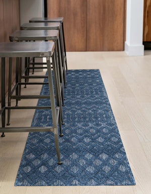 Navy Blue 2' x 6' Outdoor Trellis Textured Runner Area Rug Weather Resistant for Patio, Deck, Terrace, Balcony, Porch Geometric Design Water Safe Outside Carpet for Sale at Rug Engine