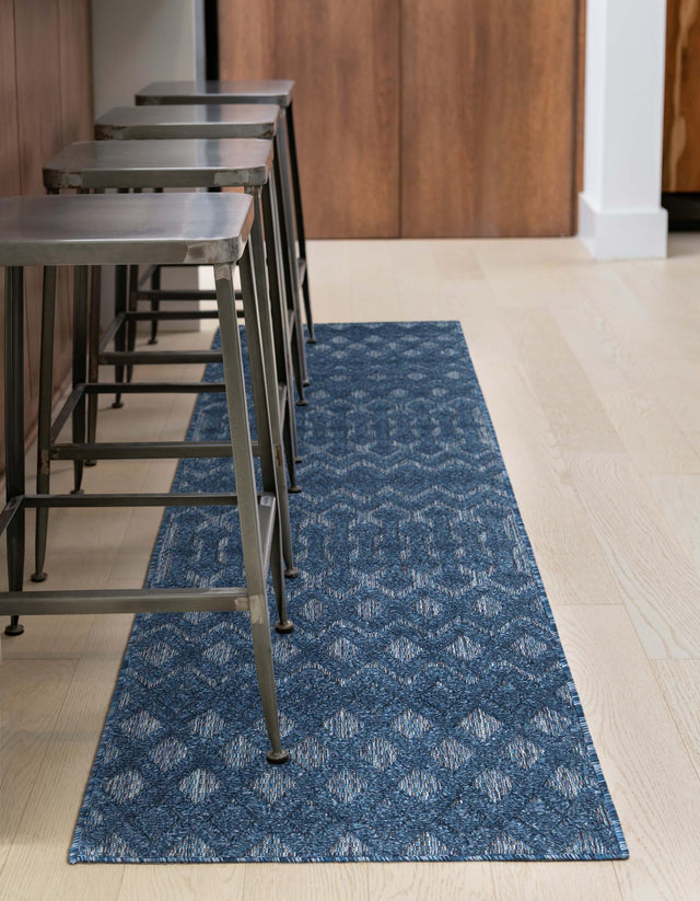 Navy Blue 2' x 6' Outdoor Trellis Textured Runner Area Rug Weather Resistant for Patio, Deck, Terrace, Balcony, Porch Geometric Design Water Safe Outside Carpet for Sale at Rug Engine