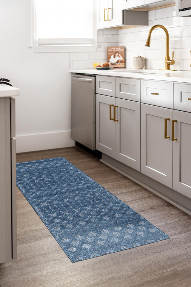 Navy Blue 2' x 6' Outdoor Trellis Textured Runner Area Rug Weather Resistant for Patio, Deck, Terrace, Balcony, Porch Geometric Design Water Safe Outside Carpet for Sale at Rug Engine