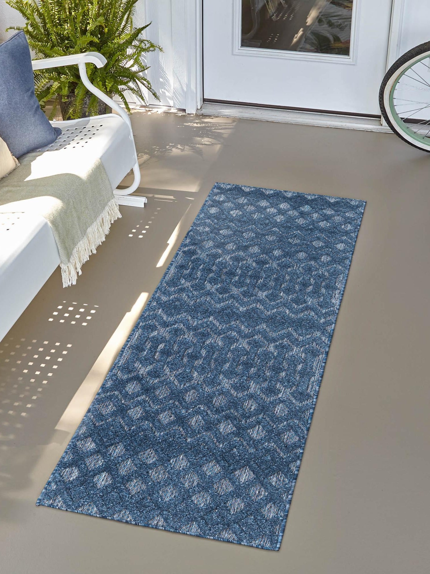 Navy Blue 2' x 8' Outdoor Trellis Textured Runner Area Rug Weather Resistant for Patio, Deck, Terrace, Balcony, Porch Geometric Design Water Safe Outside Carpet for Sale at Rug Engine