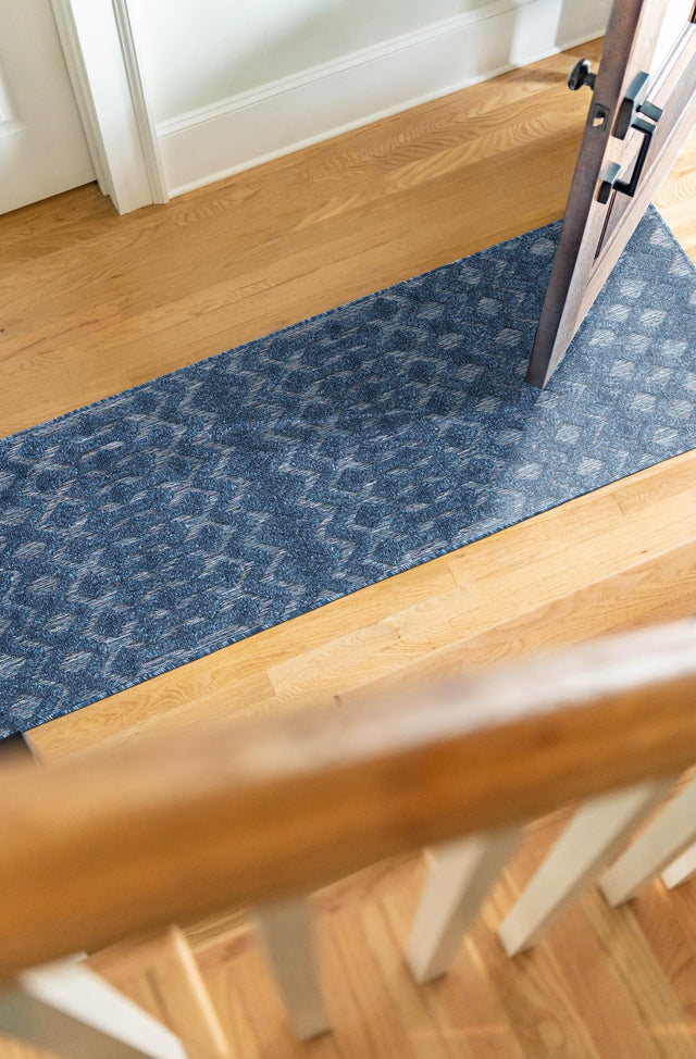 Navy Blue 2' x 6' Outdoor Trellis Textured Runner Area Rug Weather Resistant for Patio, Deck, Terrace, Balcony, Porch Geometric Design Water Safe Outside Carpet for Sale at Rug Engine