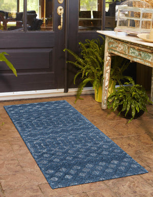 Navy Blue 2' x 8' Outdoor Trellis Textured Runner Area Rug Weather Resistant for Patio, Deck, Terrace, Balcony, Porch Geometric Design Water Safe Outside Carpet for Sale at Rug Engine