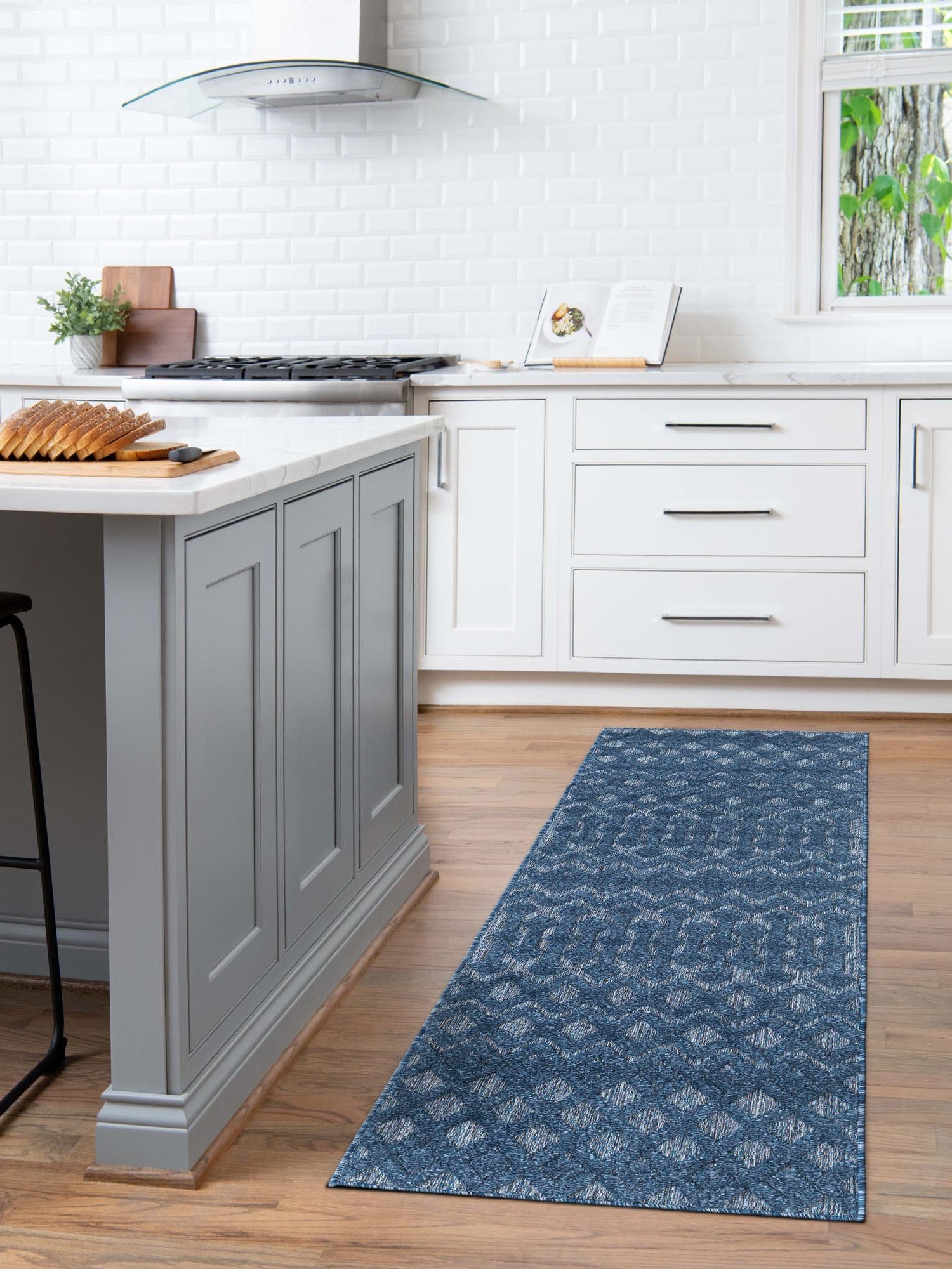 Navy Blue 2' x 8' Outdoor Trellis Textured Runner Area Rug Weather Resistant for Patio, Deck, Terrace, Balcony, Porch Geometric Design Water Safe Outside Carpet for Sale at Rug Engine
