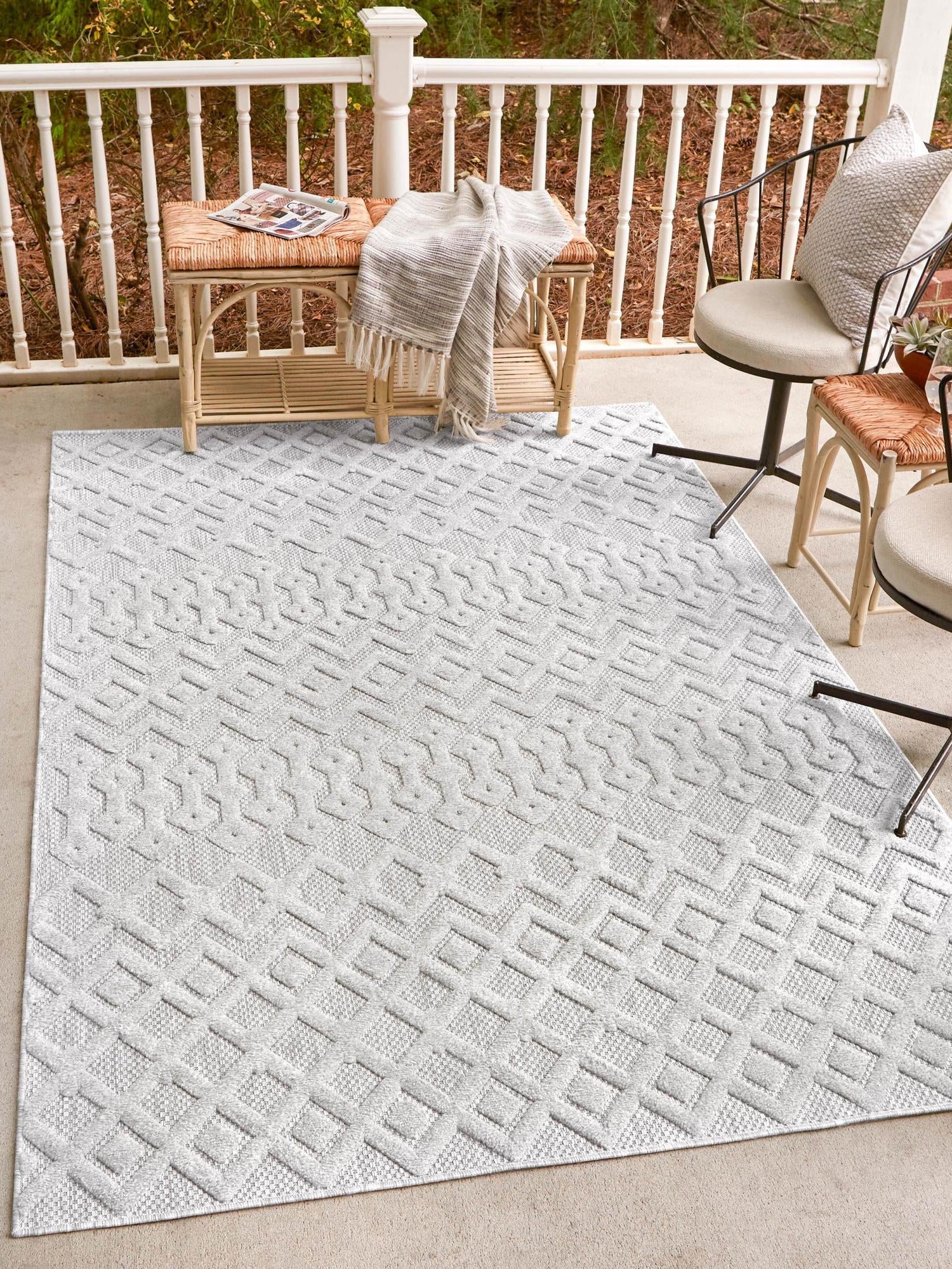 Grey 1' 4 x 1' 4 Outdoor Trellis Textured Sample Area Rug Weather Resistant for Patio, Deck, Terrace, Balcony, Porch Geometric Design Water Safe Outside Carpet for Sale at Rug Engine