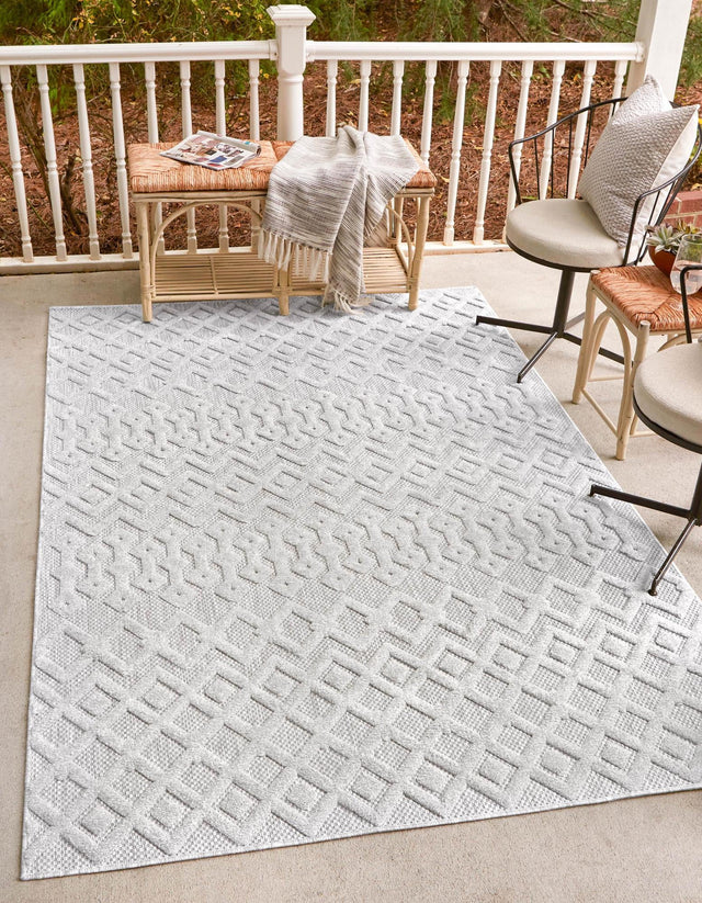 Grey 1' 4 x 1' 4 Outdoor Trellis Textured Sample Area Rug Weather Resistant for Patio, Deck, Terrace, Balcony, Porch Geometric Design Water Safe Outside Carpet for Sale at Rug Engine