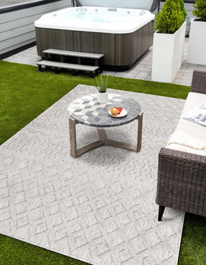 Grey 2' x 3' Outdoor Trellis Textured Rectangle Area Rug Weather Resistant for Patio, Deck, Terrace, Balcony, Porch Geometric Design Water Safe Outside Carpet for Sale at Rug Engine