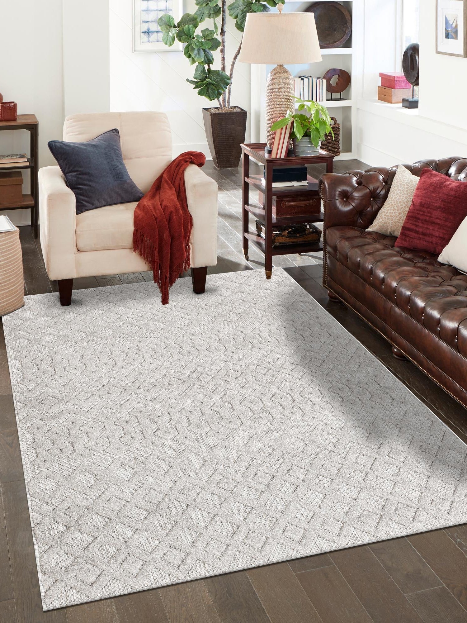 Grey 5' 3 x 8' Outdoor Trellis Textured Rectangle Area Rug Weather Resistant for Patio, Deck, Terrace, Balcony, Porch Geometric Design Water Safe Outside Carpet for Sale at Rug Engine