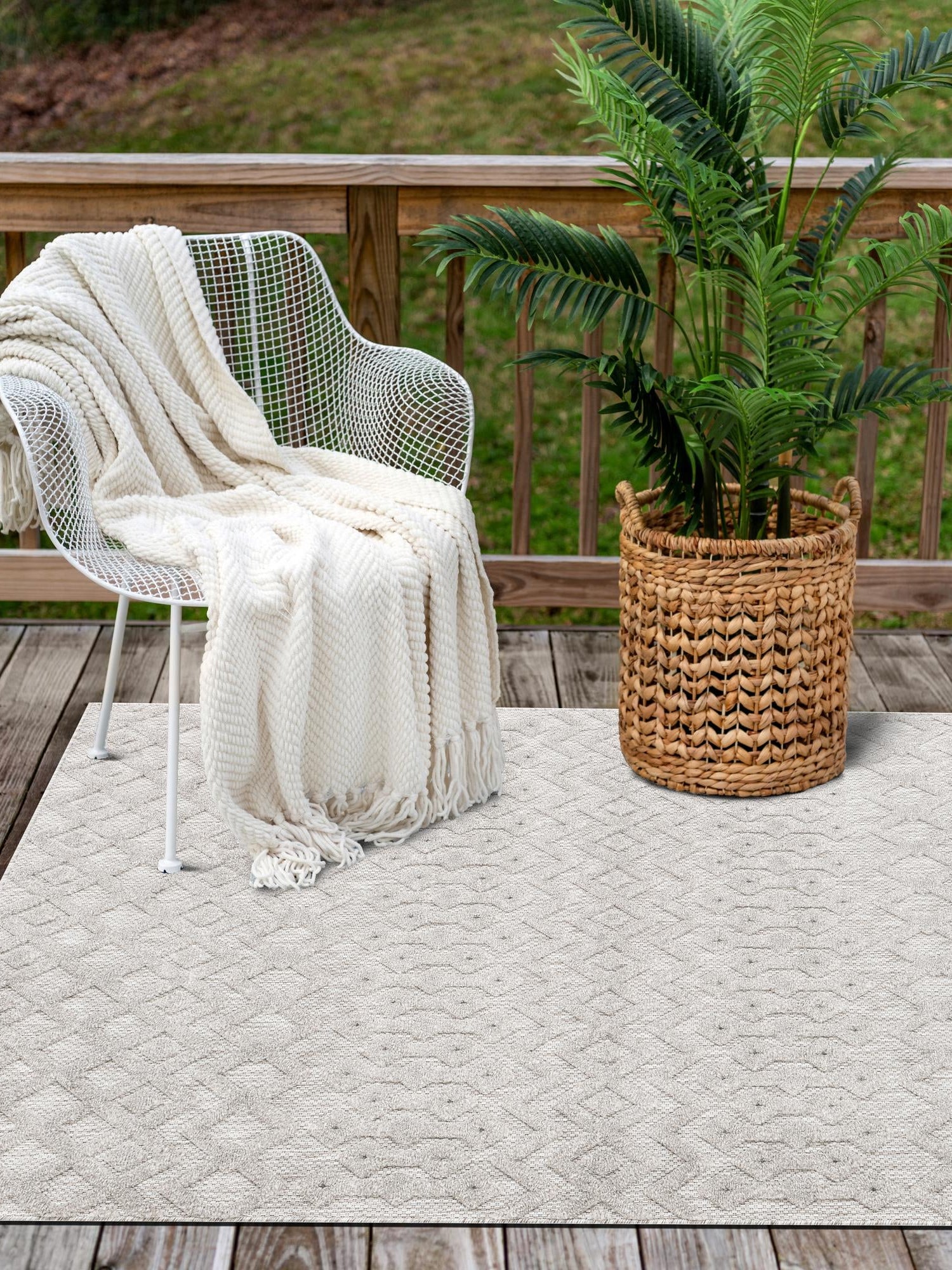 Grey 6' x 9' Outdoor Trellis Textured Rectangle Area Rug Weather Resistant for Patio, Deck, Terrace, Balcony, Porch Geometric Design Water Safe Outside Carpet for Sale at Rug Engine