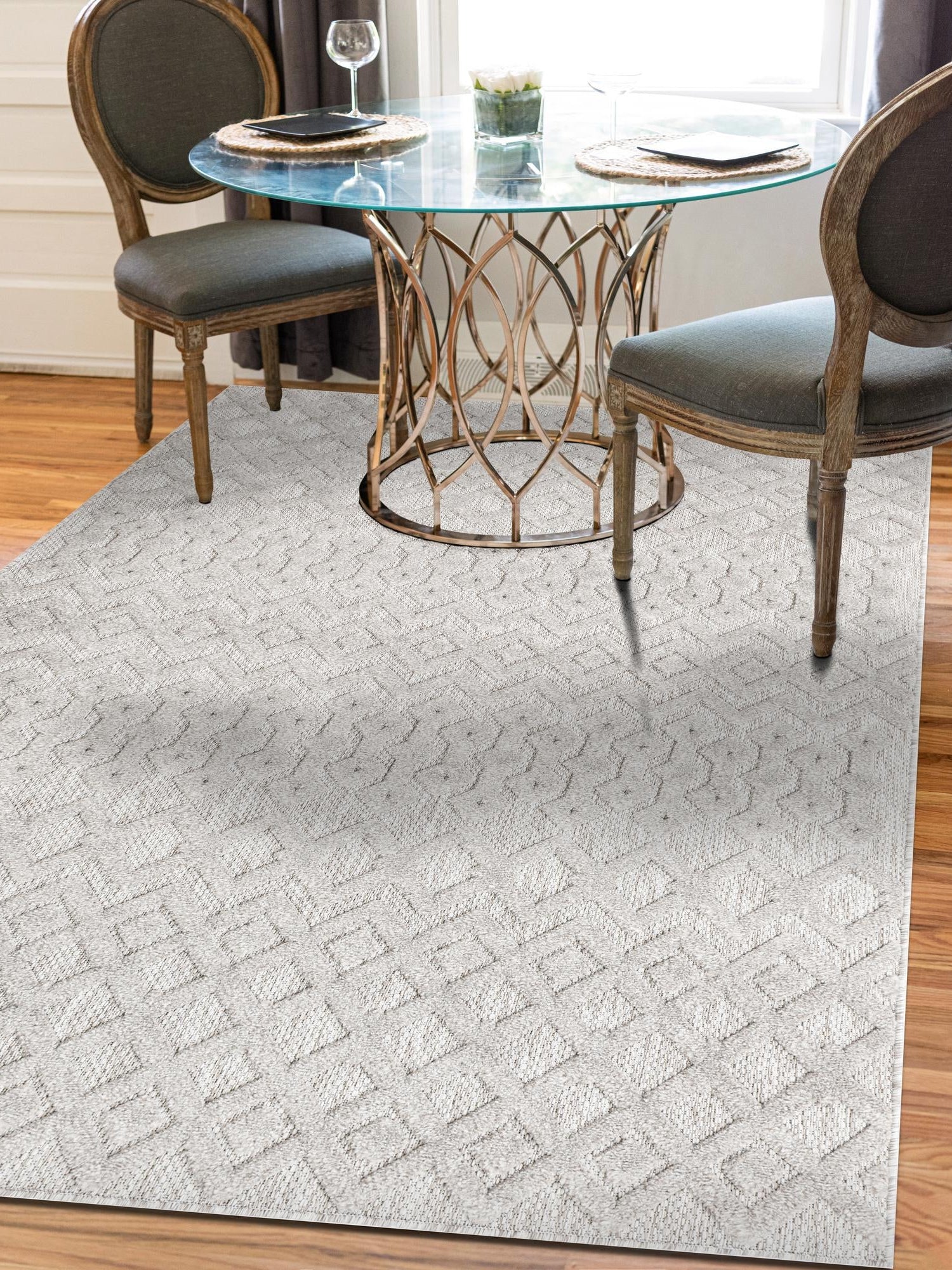 Grey 7' 10 x 10' Outdoor Trellis Textured Rectangle Area Rug Weather Resistant for Patio, Deck, Terrace, Balcony, Porch Geometric Design Water Safe Outside Carpet for Sale at Rug Engine