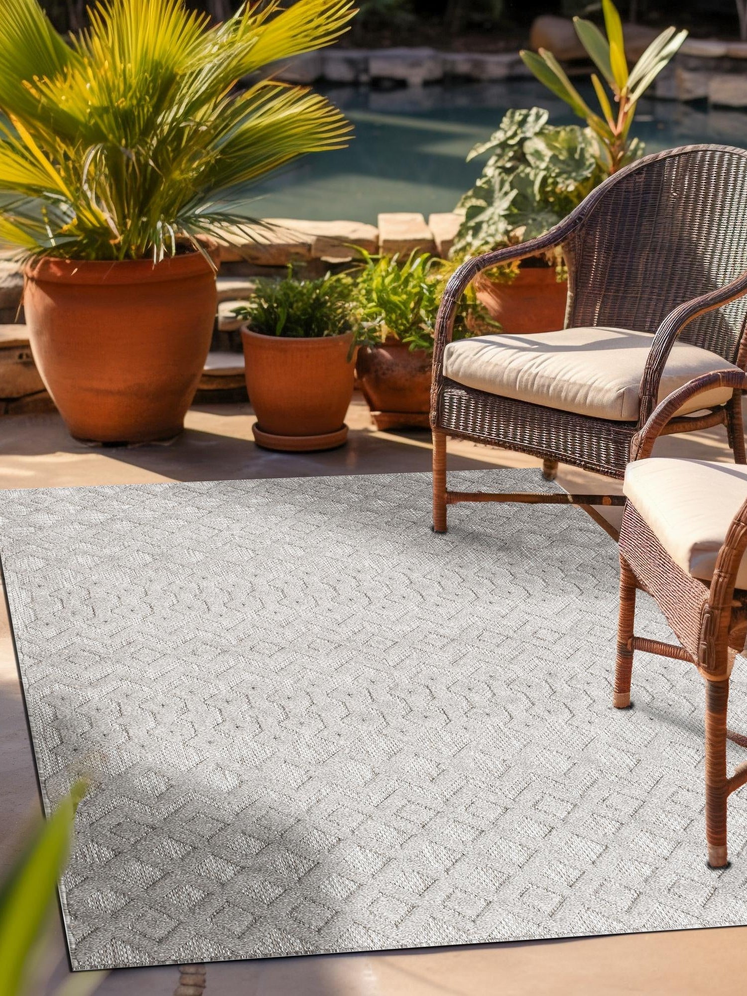 Grey 7' 10 x 10' Outdoor Trellis Textured Rectangle Area Rug Weather Resistant for Patio, Deck, Terrace, Balcony, Porch Geometric Design Water Safe Outside Carpet for Sale at Rug Engine