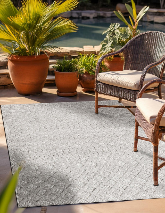 Grey 7' 10 x 10' Outdoor Trellis Textured Rectangle Area Rug Weather Resistant for Patio, Deck, Terrace, Balcony, Porch Geometric Design Water Safe Outside Carpet for Sale at Rug Engine