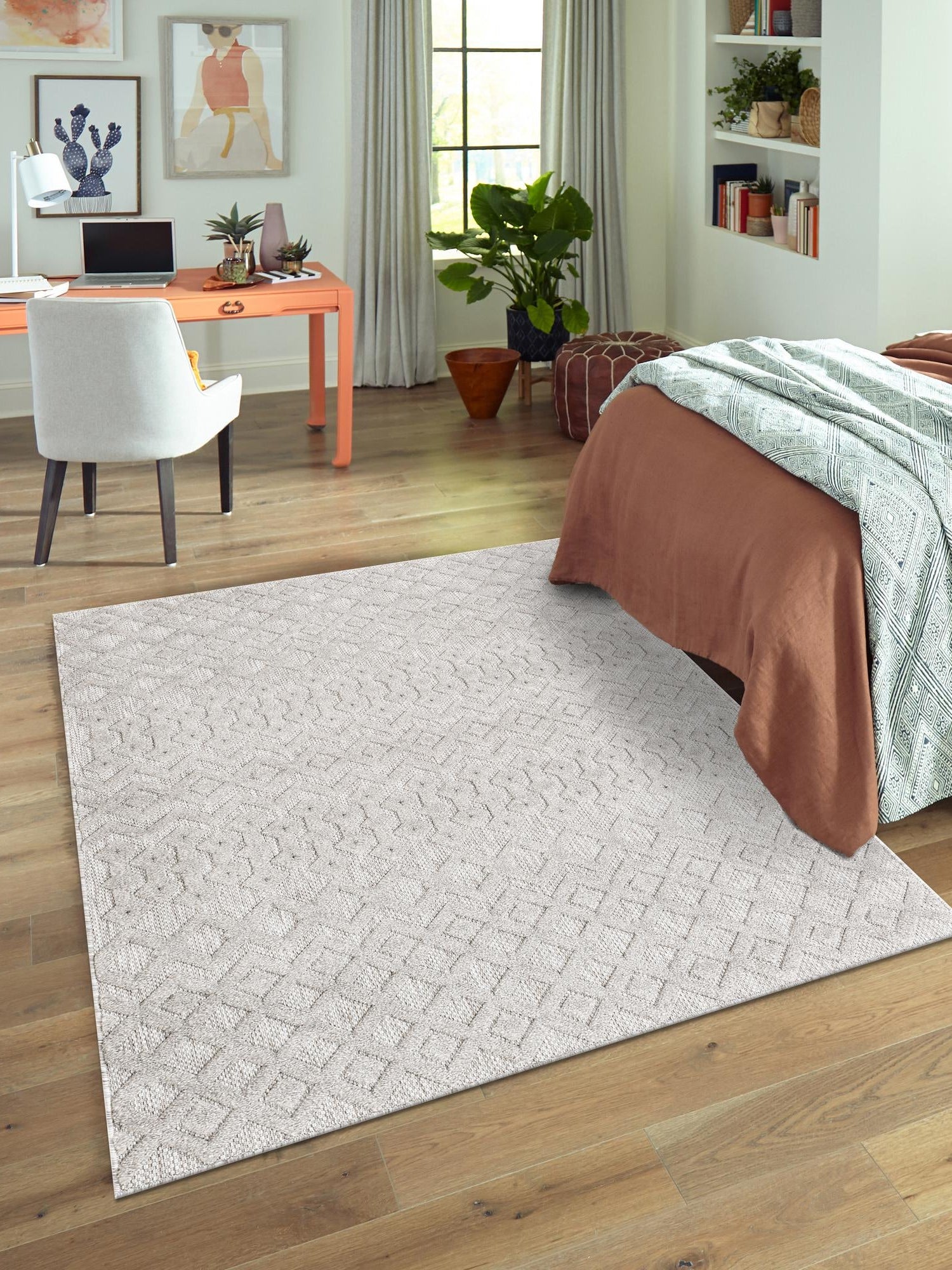 Grey 5' 3 x 8' Outdoor Trellis Textured Rectangle Area Rug Weather Resistant for Patio, Deck, Terrace, Balcony, Porch Geometric Design Water Safe Outside Carpet for Sale at Rug Engine