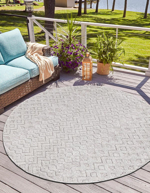 Grey 5' 3 x 5' 3 Outdoor Trellis Textured Round Area Rug Weather Resistant for Patio, Deck, Terrace, Balcony, Porch Geometric Design Water Safe Outside Carpet for Sale at Rug Engine