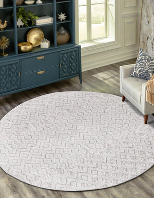 Grey 5' 3 x 5' 3 Outdoor Trellis Textured Round Area Rug Weather Resistant for Patio, Deck, Terrace, Balcony, Porch Geometric Design Water Safe Outside Carpet for Sale at Rug Engine