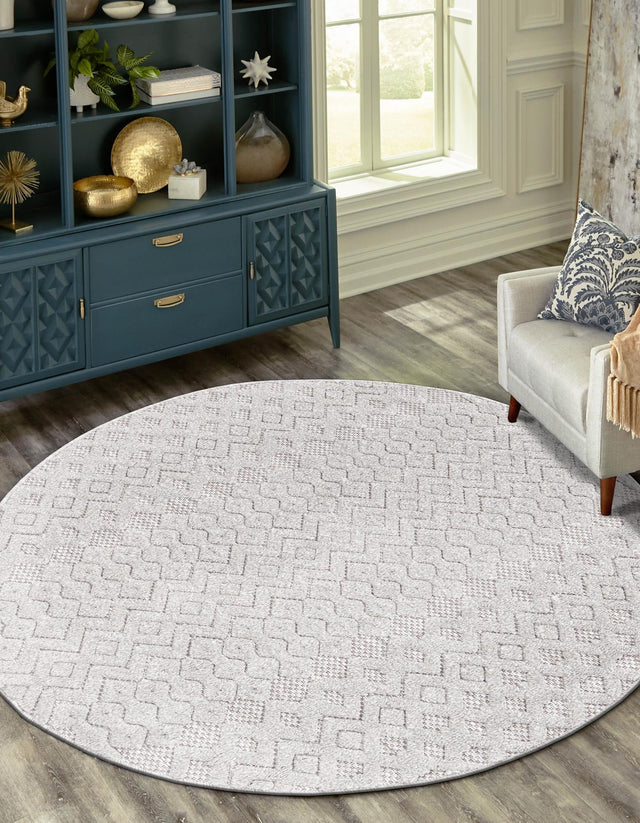 Grey 5' 3 x 5' 3 Outdoor Trellis Textured Round Area Rug Weather Resistant for Patio, Deck, Terrace, Balcony, Porch Geometric Design Water Safe Outside Carpet for Sale at Rug Engine