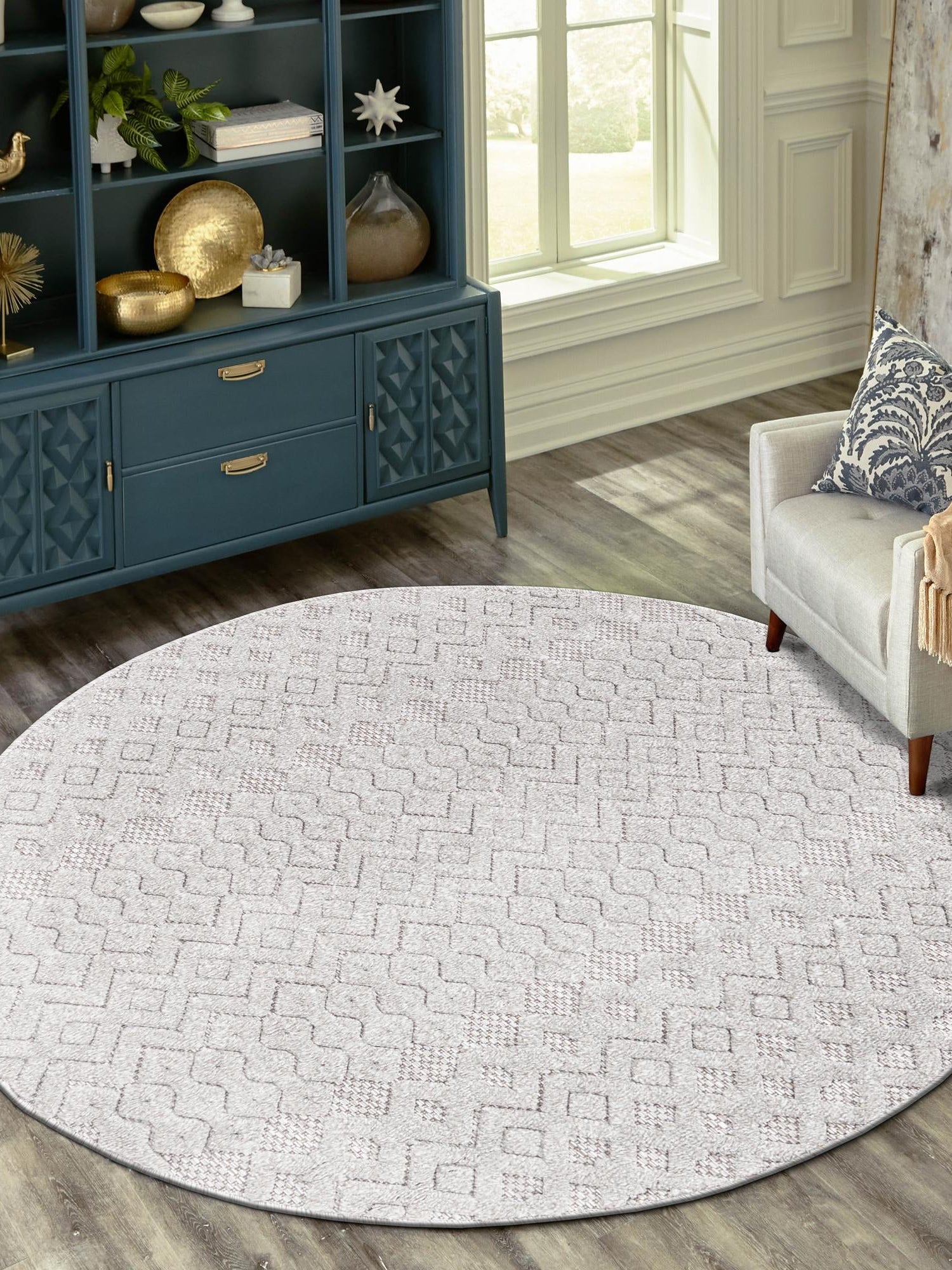 Grey 3' x 3' Outdoor Trellis Textured Round Area Rug Weather Resistant for Patio, Deck, Terrace, Balcony, Porch Geometric Design Water Safe Outside Carpet for Sale at Rug Engine