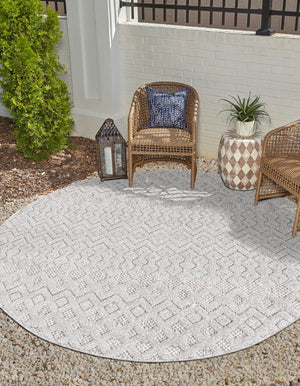 Grey 5' 3 x 5' 3 Outdoor Trellis Textured Round Area Rug Weather Resistant for Patio, Deck, Terrace, Balcony, Porch Geometric Design Water Safe Outside Carpet for Sale at Rug Engine