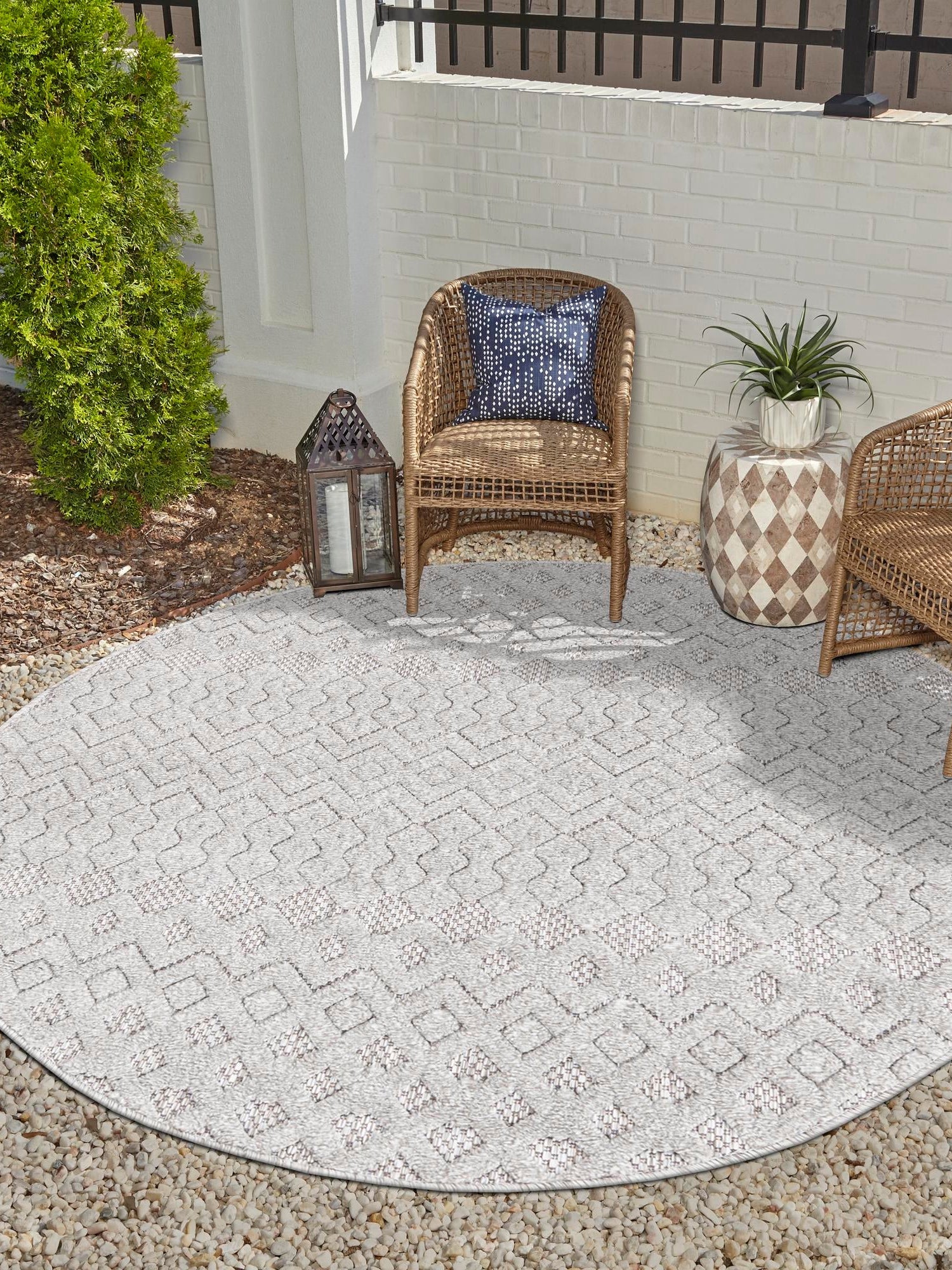 Grey 3' x 3' Outdoor Trellis Textured Round Area Rug Weather Resistant for Patio, Deck, Terrace, Balcony, Porch Geometric Design Water Safe Outside Carpet for Sale at Rug Engine