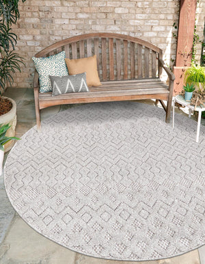 Grey 5' 3 x 5' 3 Outdoor Trellis Textured Round Area Rug Weather Resistant for Patio, Deck, Terrace, Balcony, Porch Geometric Design Water Safe Outside Carpet for Sale at Rug Engine