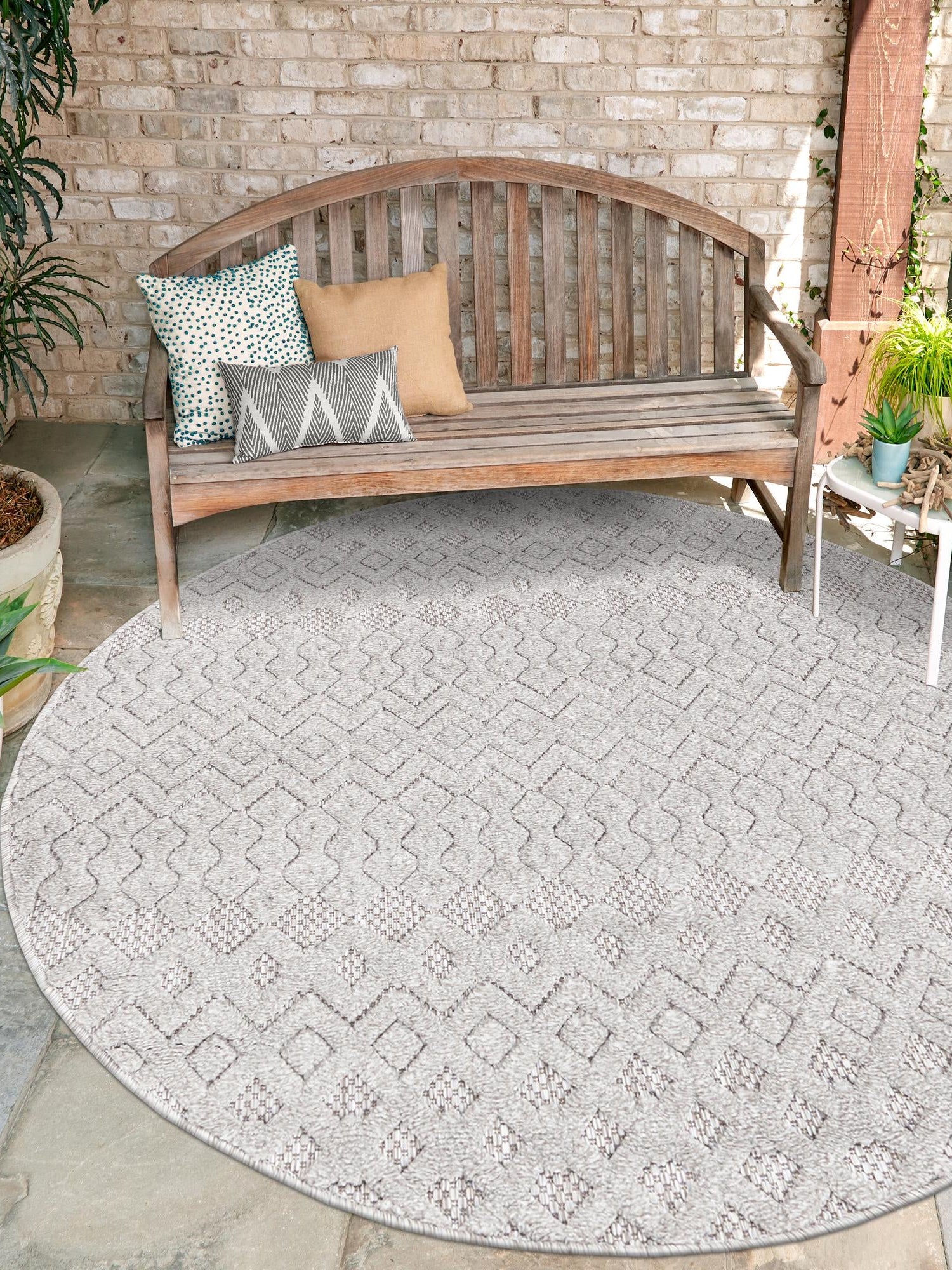 Grey 7' x 7' Outdoor Trellis Textured Round Area Rug Weather Resistant for Patio, Deck, Terrace, Balcony, Porch Geometric Design Water Safe Outside Carpet for Sale at Rug Engine