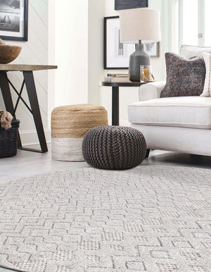 Grey 5' 3 x 5' 3 Outdoor Trellis Textured Round Area Rug Weather Resistant for Patio, Deck, Terrace, Balcony, Porch Geometric Design Water Safe Outside Carpet for Sale at Rug Engine