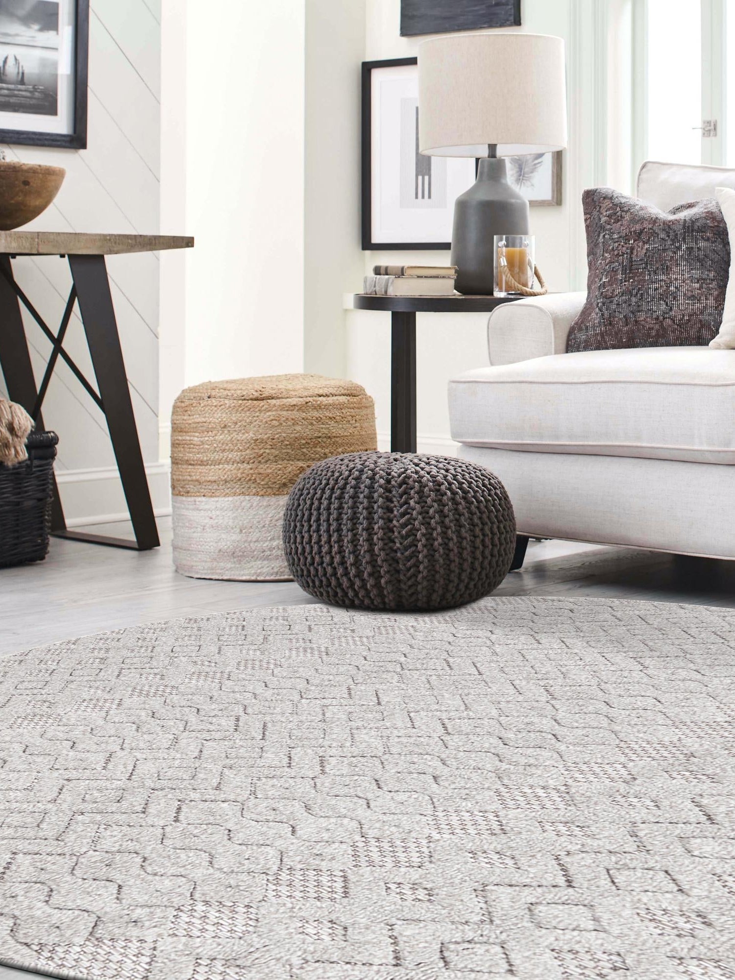 Grey 4' x 4' Outdoor Trellis Textured Round Area Rug Weather Resistant for Patio, Deck, Terrace, Balcony, Porch Geometric Design Water Safe Outside Carpet for Sale at Rug Engine