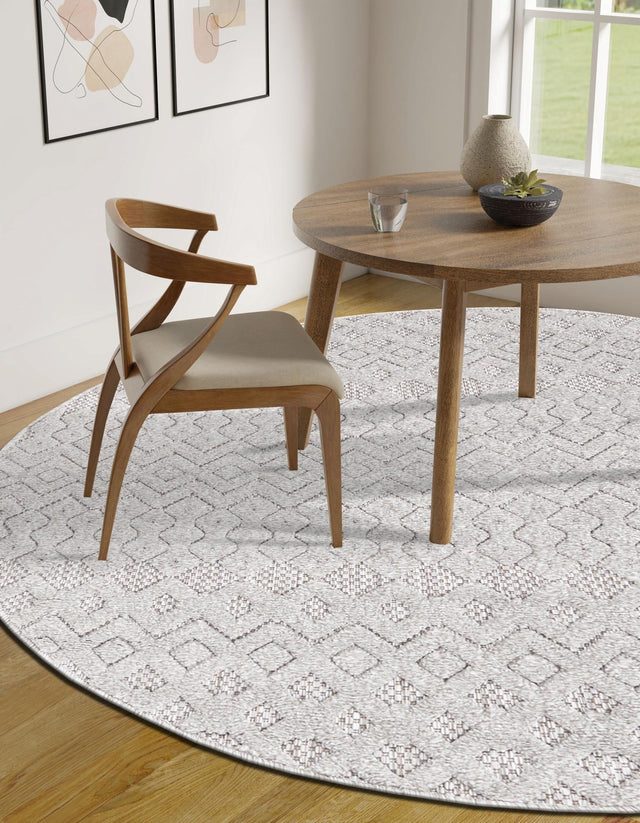 Grey 5' 3 x 5' 3 Outdoor Trellis Textured Round Area Rug Weather Resistant for Patio, Deck, Terrace, Balcony, Porch Geometric Design Water Safe Outside Carpet for Sale at Rug Engine