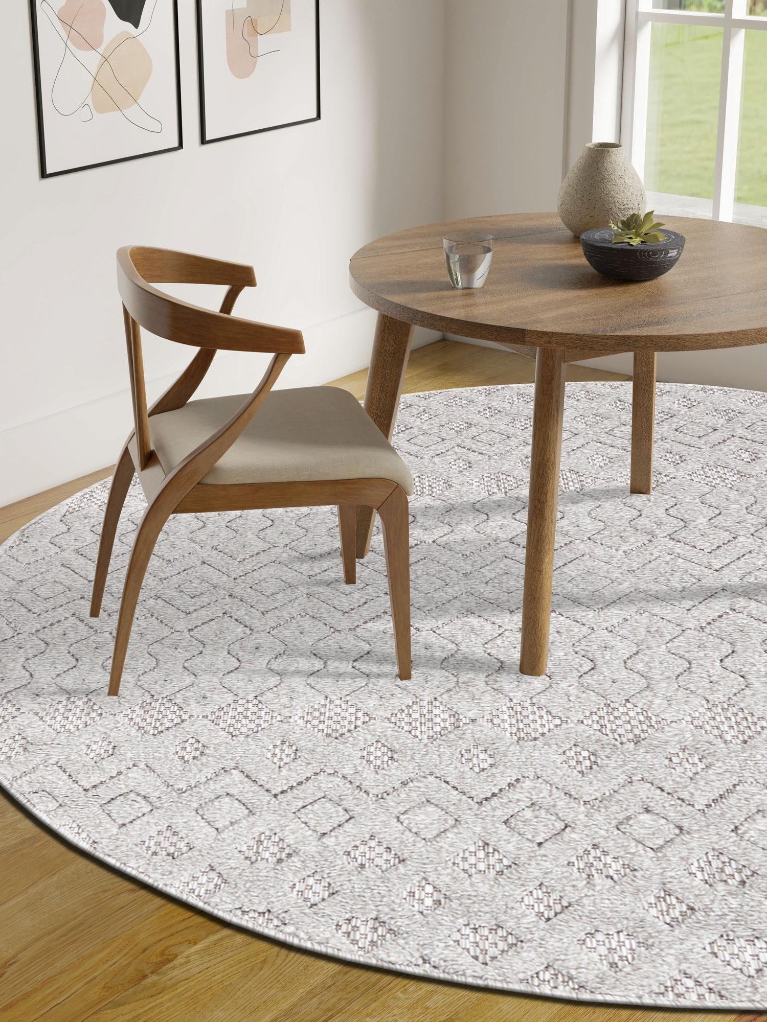 Grey 3' x 3' Outdoor Trellis Textured Round Area Rug Weather Resistant for Patio, Deck, Terrace, Balcony, Porch Geometric Design Water Safe Outside Carpet for Sale at Rug Engine