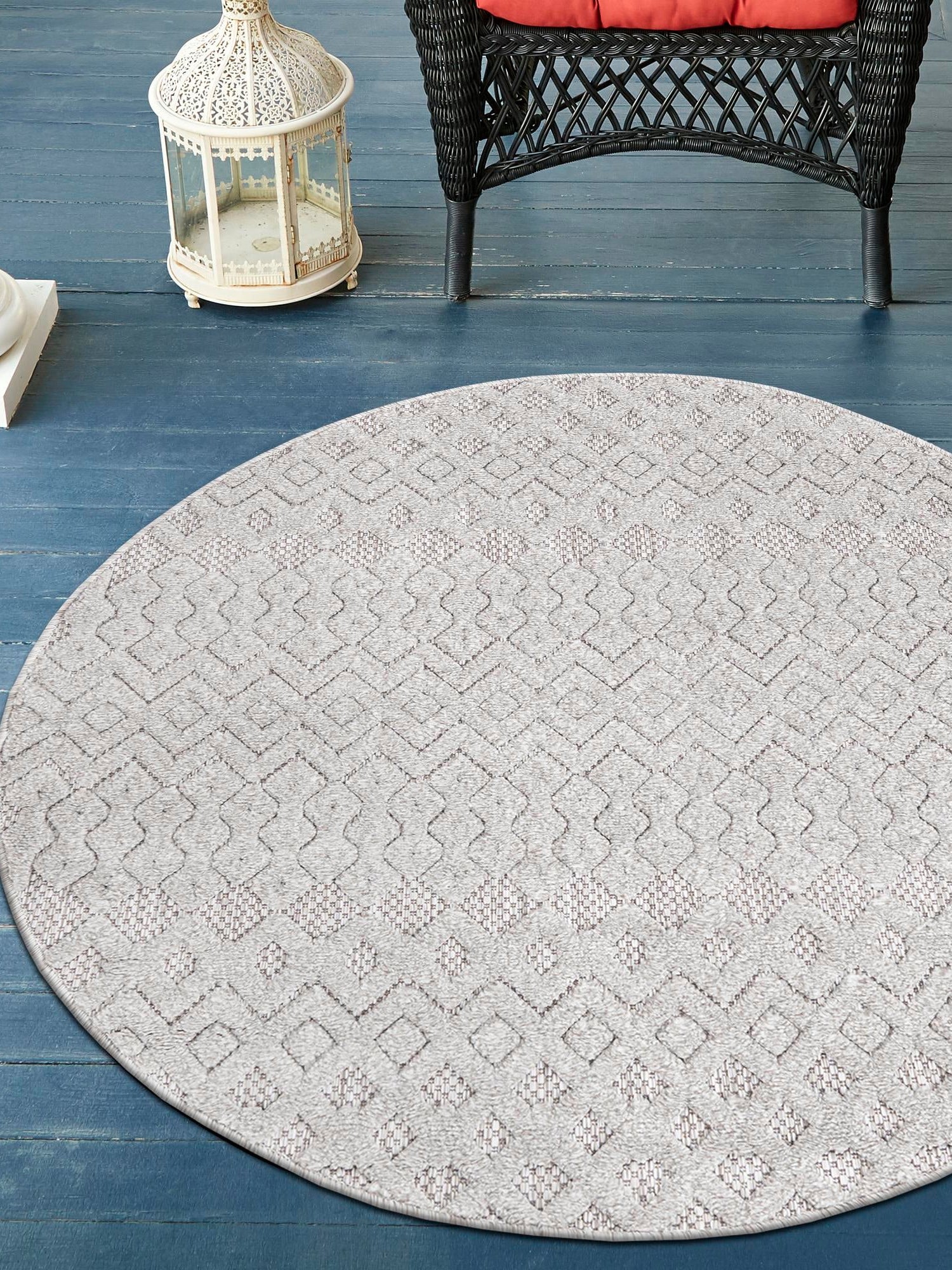 Grey 7' x 7' Outdoor Trellis Textured Round Area Rug Weather Resistant for Patio, Deck, Terrace, Balcony, Porch Geometric Design Water Safe Outside Carpet for Sale at Rug Engine